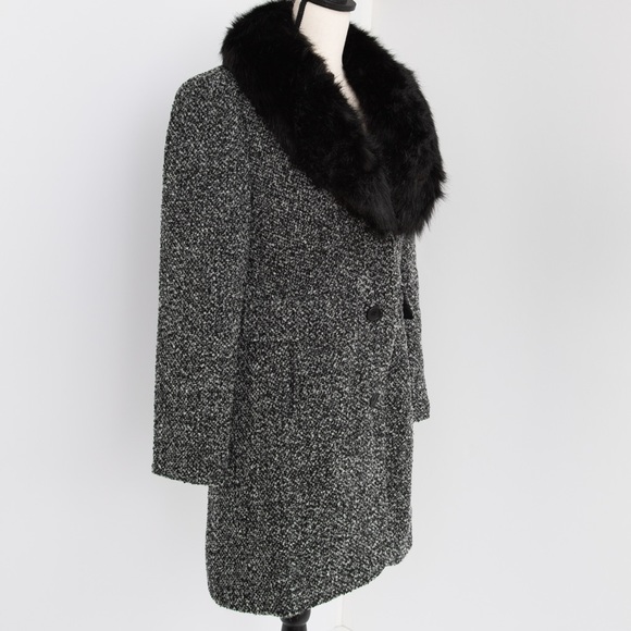 Retro tweed winter coat removable faux fur collar black & white S - Picture 5 of 13